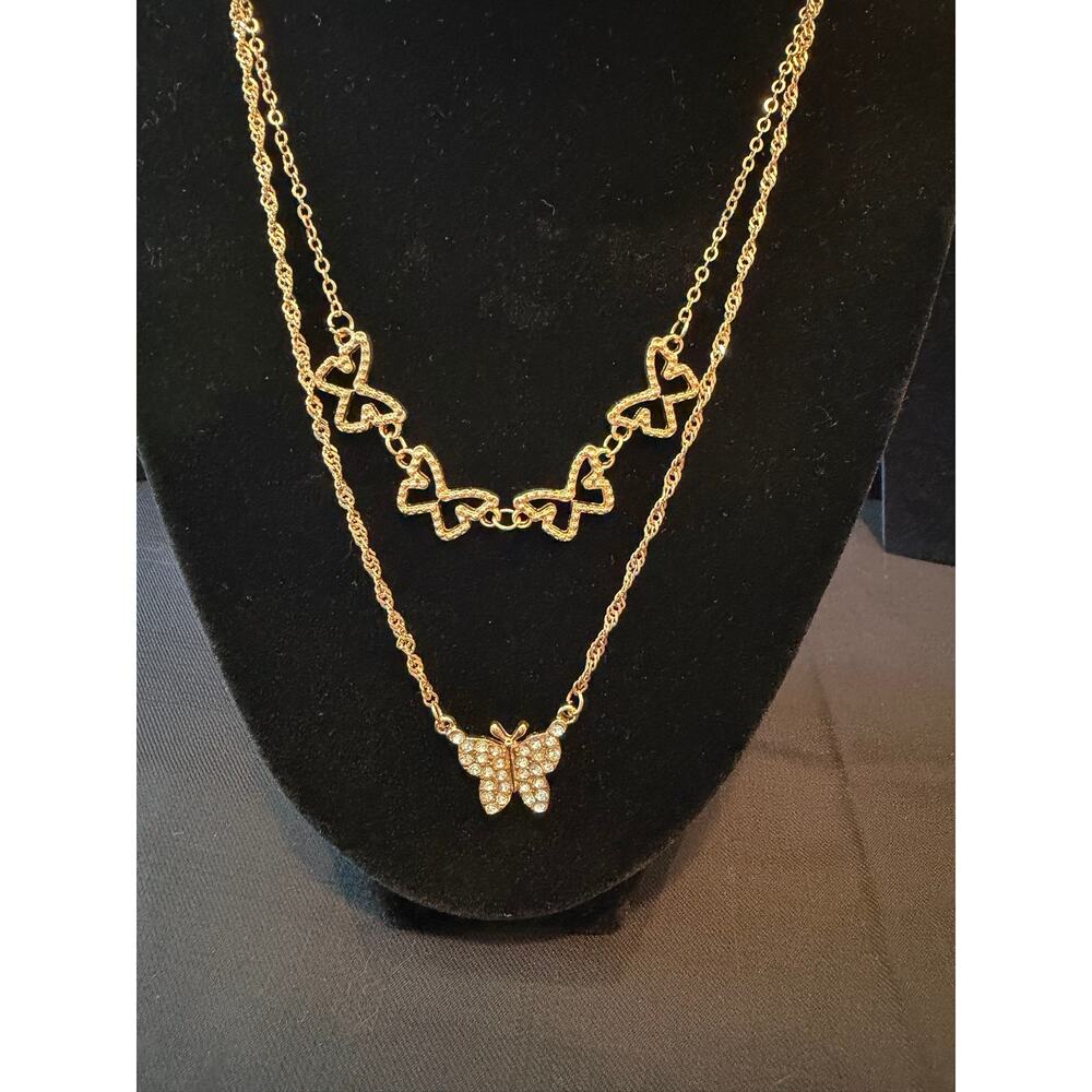 Dainty gold-toned, 2 string multiple butterfly necklace a crystal-pave butterfly